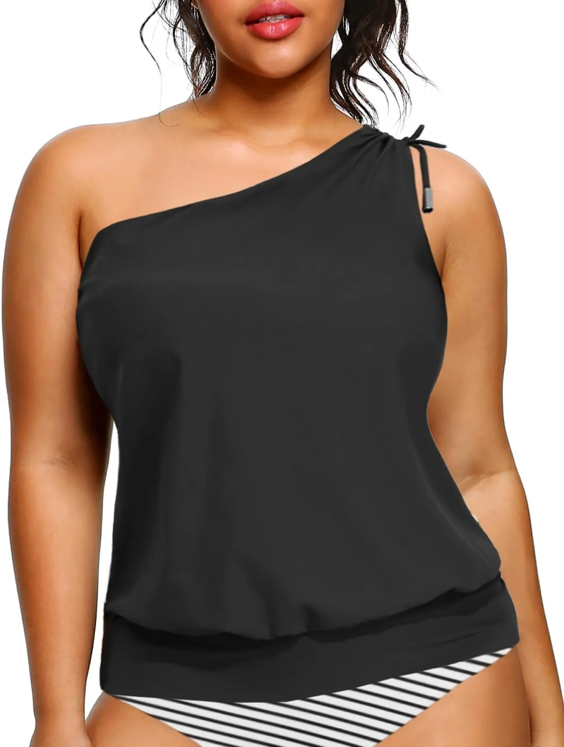 Women Plus Size Tankini Tops - 2025 Blouson Tummy Control Swim Top Only One Shoulder Bathing Suit Top No Bottom