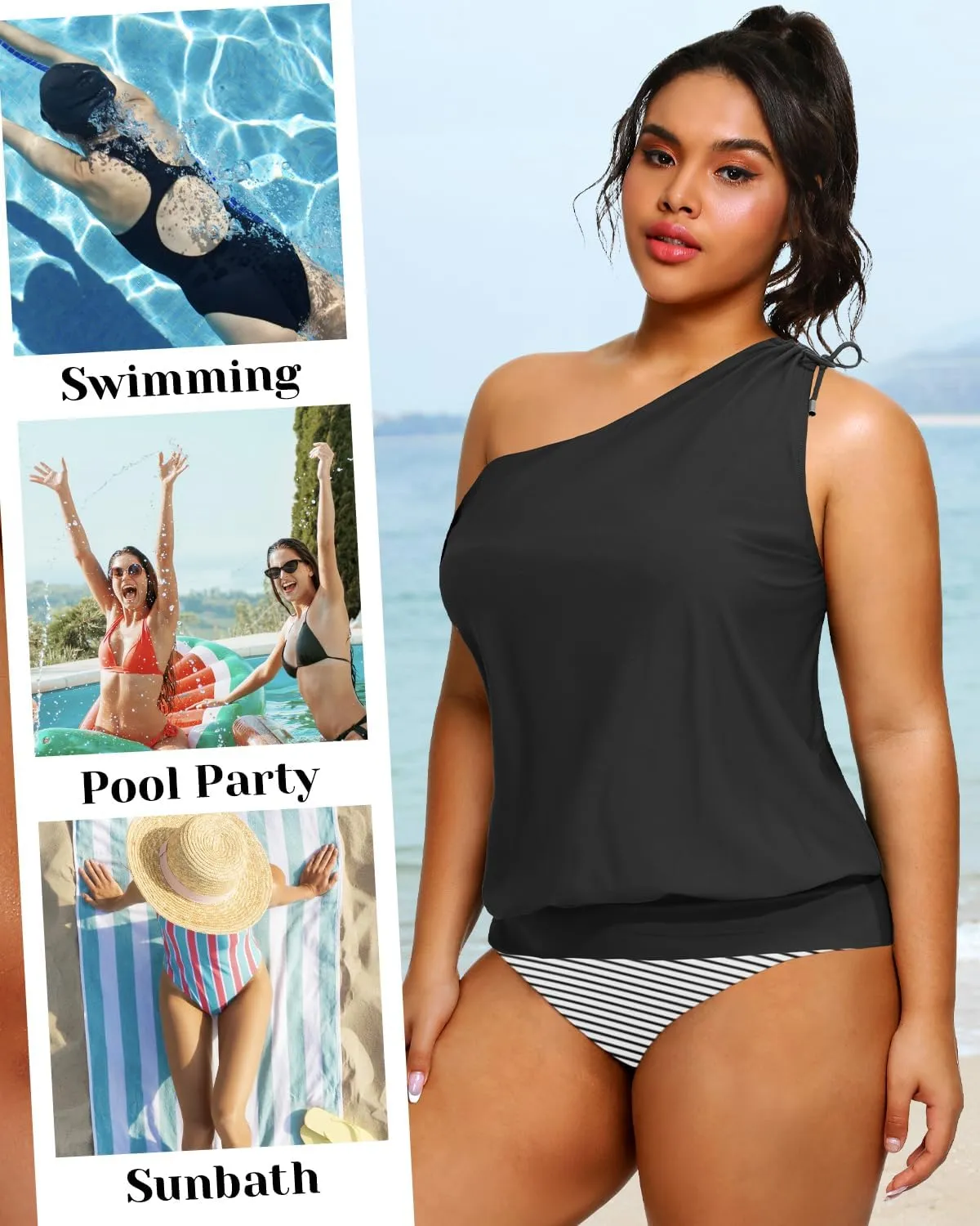 Women Plus Size Tankini Tops - 2025 Blouson Tummy Control Swim Top Only One Shoulder Bathing Suit Top No Bottom