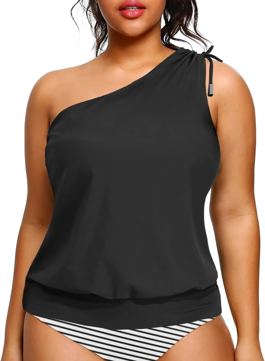 Women Plus Size Tankini Tops - 2025 Blouson Tummy Control Swim Top Only One Shoulder Bathing Suit Top No Bottom