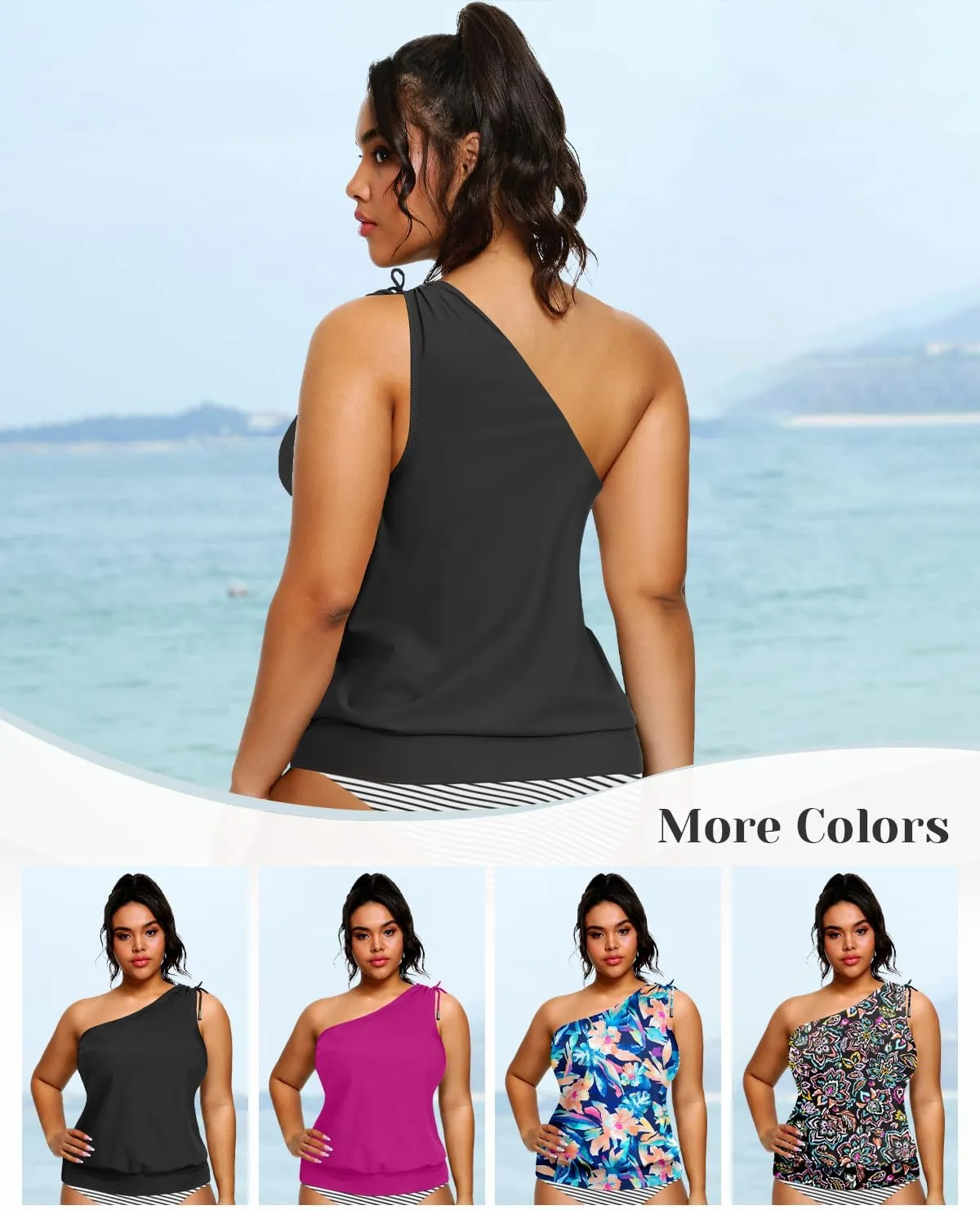 Women Plus Size Tankini Tops - 2025 Blouson Tummy Control Swim Top Only One Shoulder Bathing Suit Top No Bottom