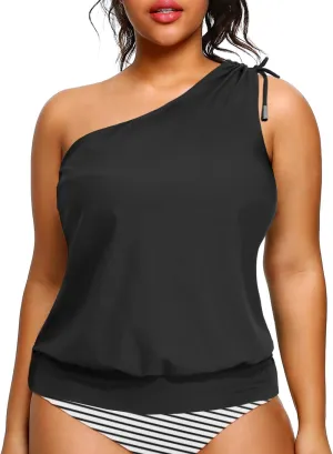 Women Plus Size Tankini Tops - 2025 Blouson Tummy Control Swim Top Only One Shoulder Bathing Suit Top No Bottom