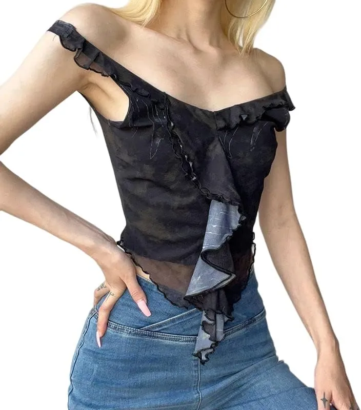 Women Ruffle Trim Crop Camisoles Sheer Mesh Backless Cami Top Open Front Crop Top Slim Fit Streetwear