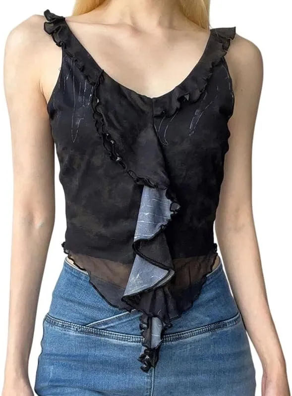 Women Ruffle Trim Crop Camisoles Sheer Mesh Backless Cami Top Open Front Crop Top Slim Fit Streetwear