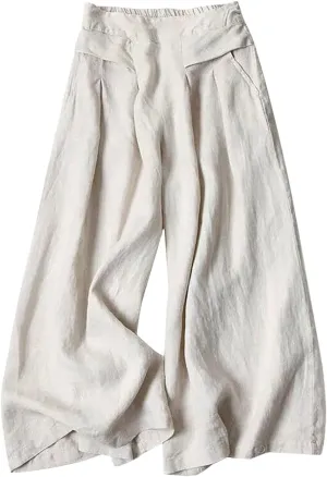Women' S Culottes Linen Blend Wide Leg Pants Elastic Waist Casual Palazzo Trousers Baggy Comfy Capri Pant with Pocket