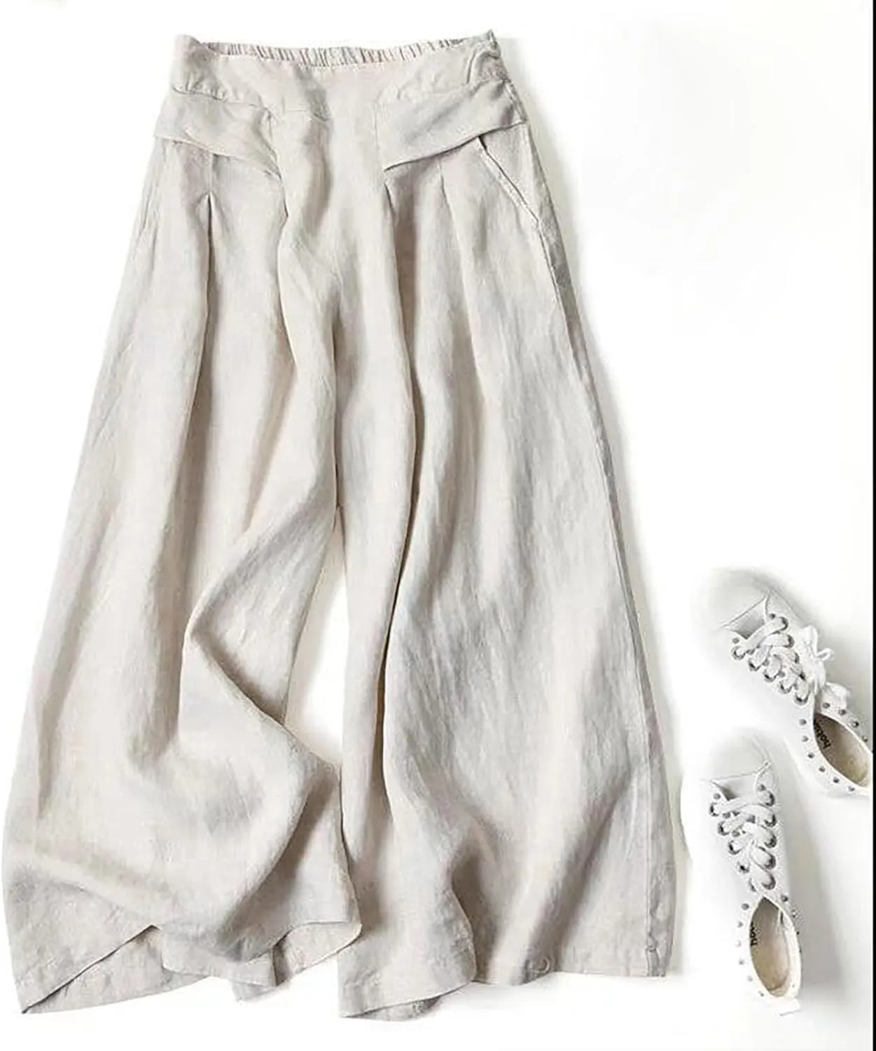 Women' S Culottes Linen Blend Wide Leg Pants Elastic Waist Casual Palazzo Trousers Baggy Comfy Capri Pant with Pocket