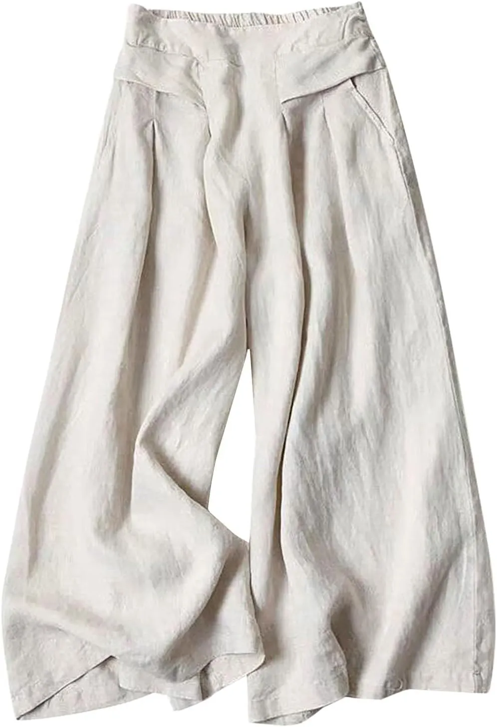 Women' S Culottes Linen Blend Wide Leg Pants Elastic Waist Casual Palazzo Trousers Baggy Comfy Capri Pant with Pocket