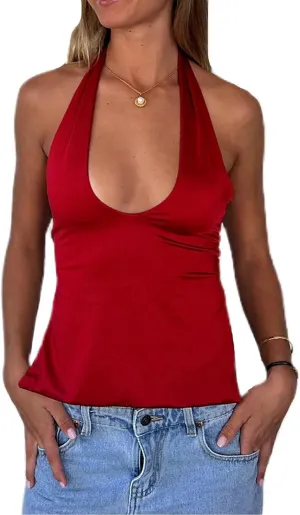 Women Sexy Open Back Halter Tank Top Solid Color Sleeveless Tie Back Crop Vest Bandeau Top Beach Shirt Clothes