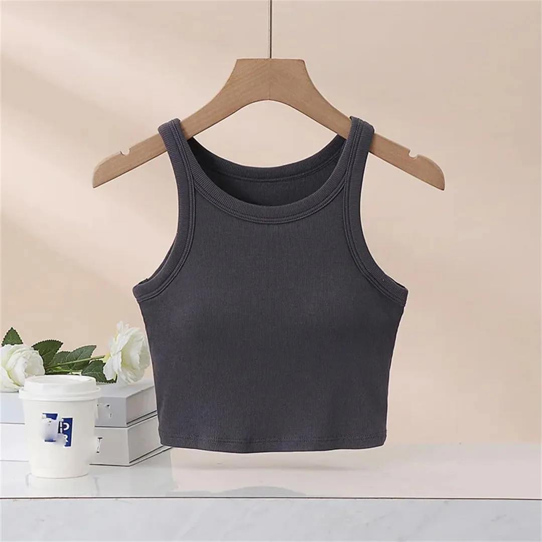 Women Short Camisole Round Neck Sexy Tight Crop Tops Elastic Party Top Solid Color Summer Tank Top