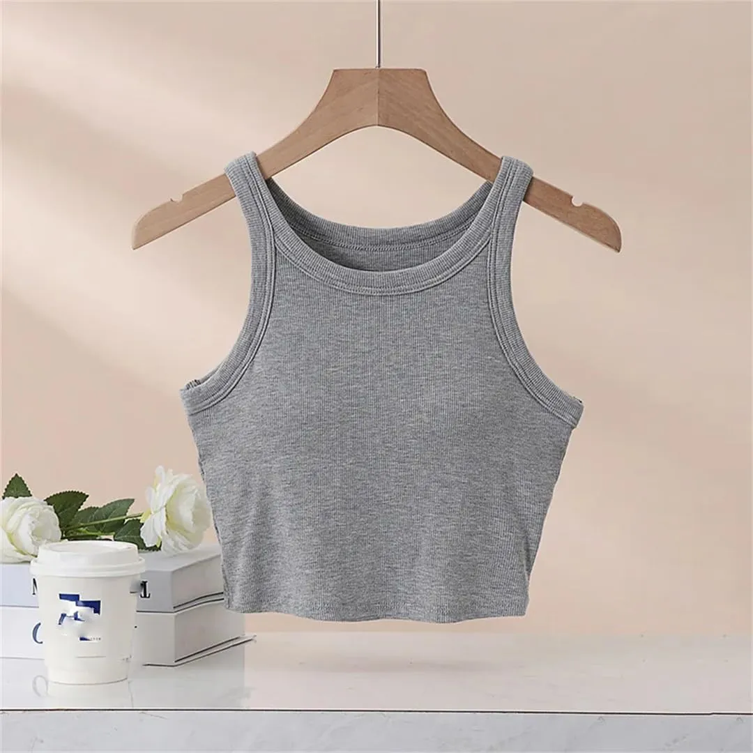 Women Short Camisole Round Neck Sexy Tight Crop Tops Elastic Party Top Solid Color Summer Tank Top