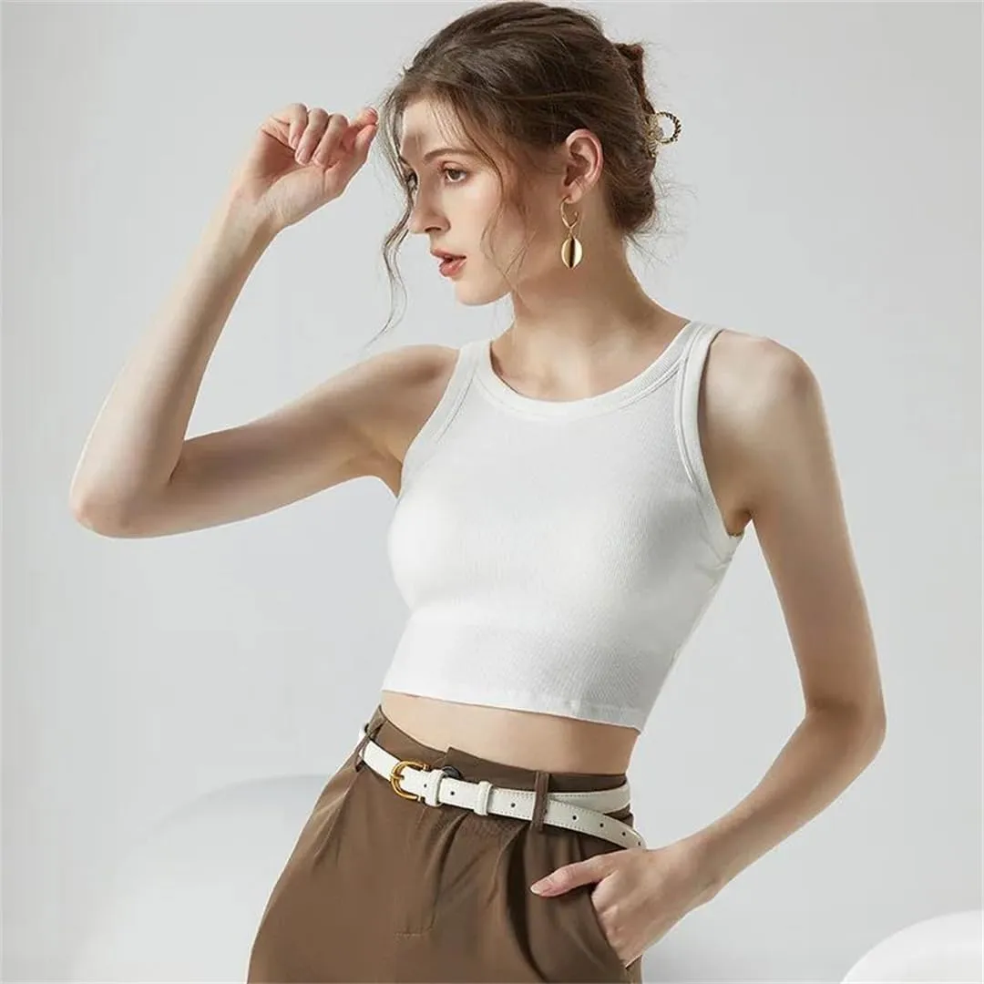 Women Short Camisole Round Neck Sexy Tight Crop Tops Elastic Party Top Solid Color Summer Tank Top