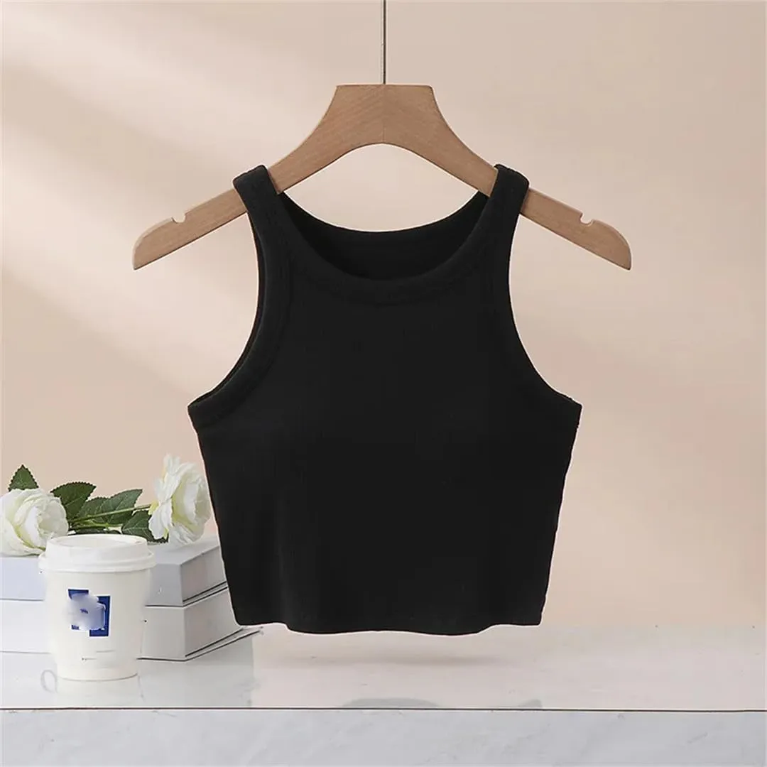 Women Short Camisole Round Neck Sexy Tight Crop Tops Elastic Party Top Solid Color Summer Tank Top