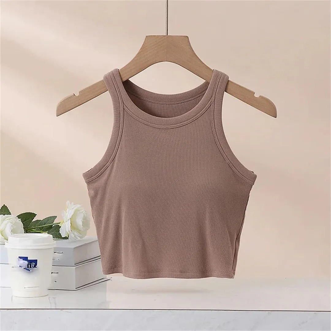 Women Short Camisole Round Neck Sexy Tight Crop Tops Elastic Party Top Solid Color Summer Tank Top