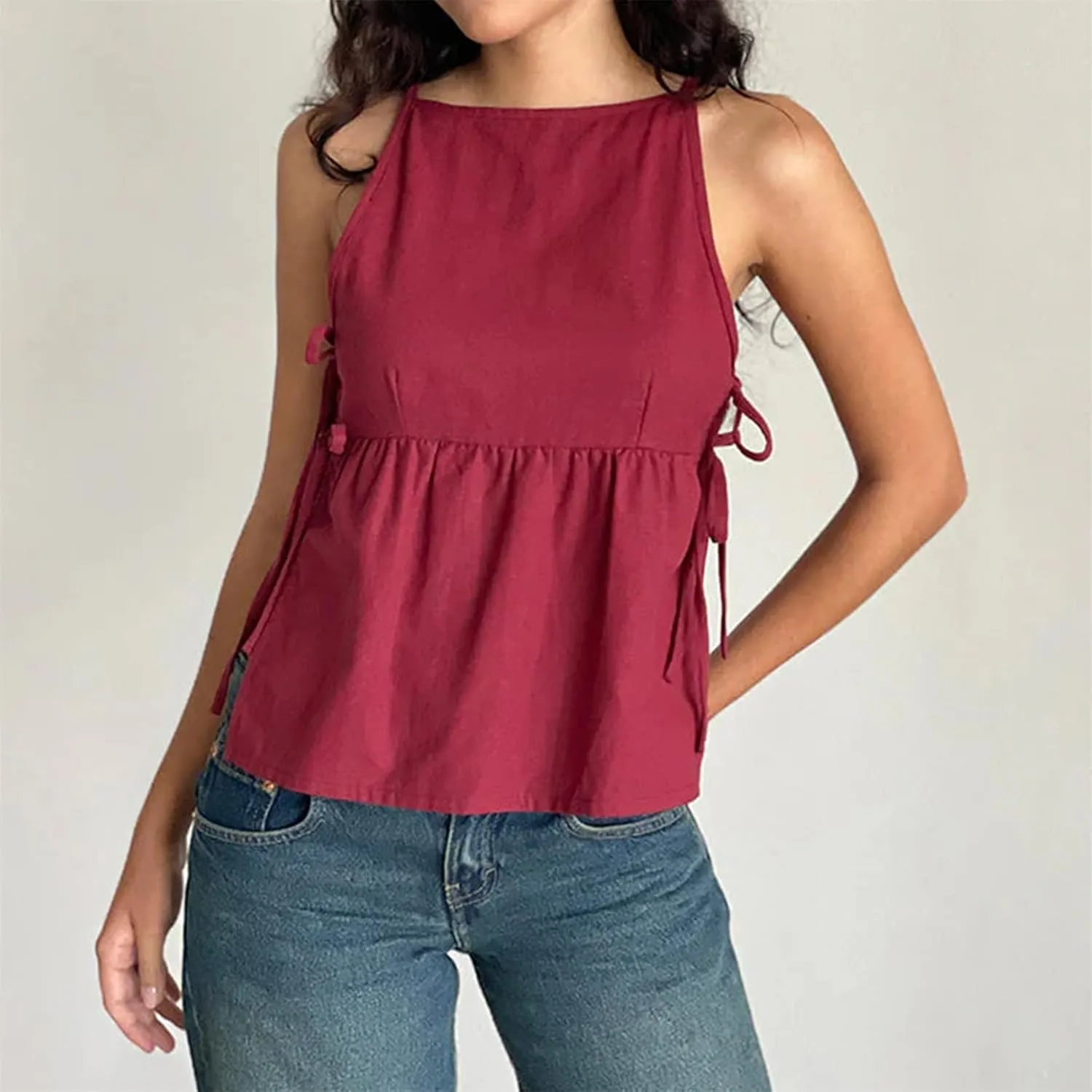 Women Side Tie Tank Top Y2K Vintage Gingham Sleeveless Split Peplum Vest Top Cute Coquette Summer Trendy Streetwear