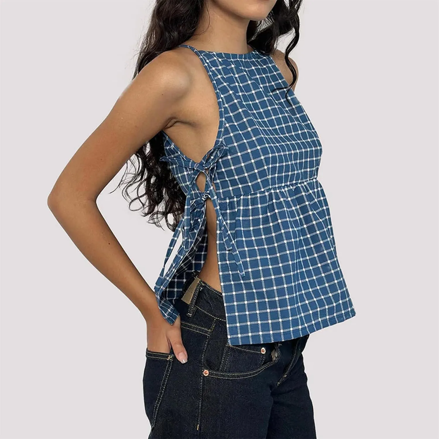Women Side Tie Tank Top Y2K Vintage Gingham Sleeveless Split Peplum Vest Top Cute Coquette Summer Trendy Streetwear