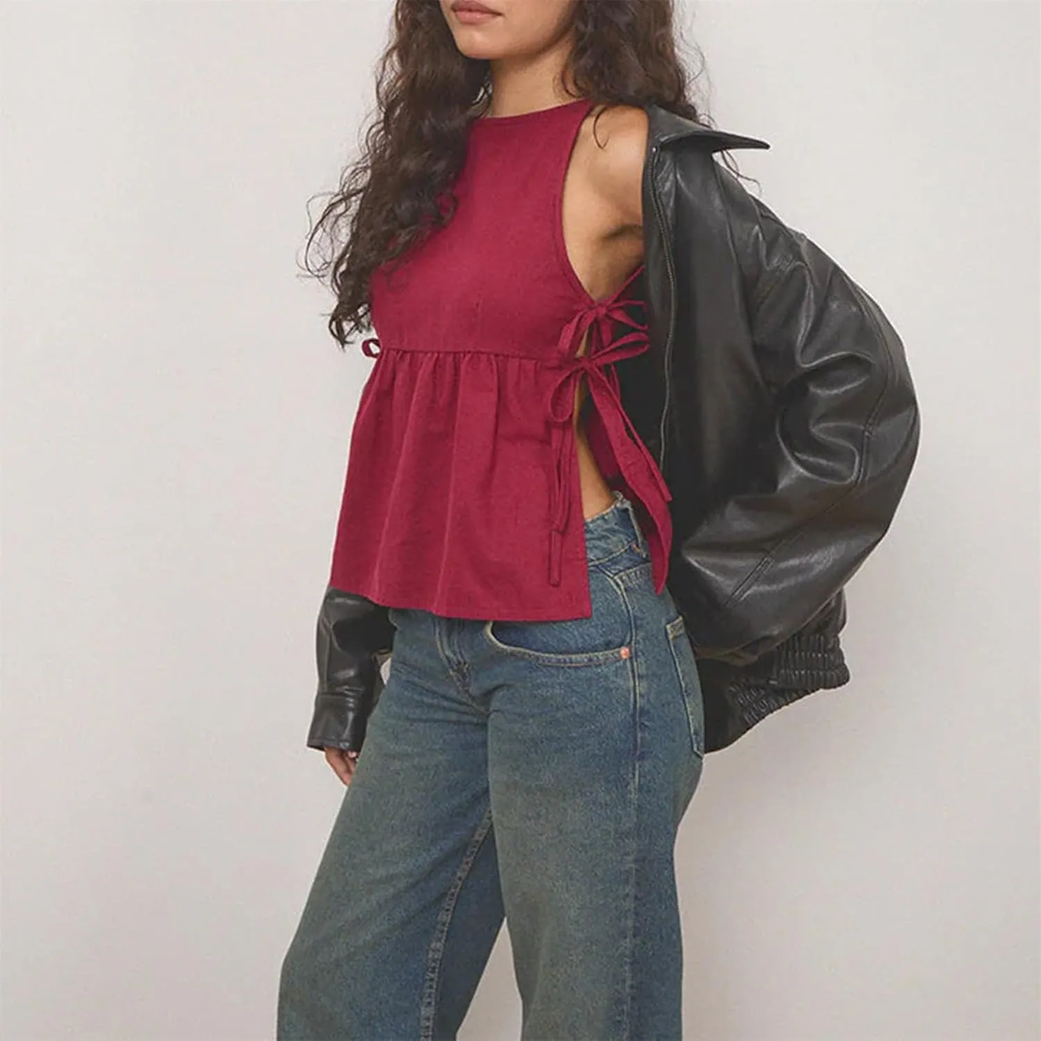 Women Side Tie Tank Top Y2K Vintage Gingham Sleeveless Split Peplum Vest Top Cute Coquette Summer Trendy Streetwear