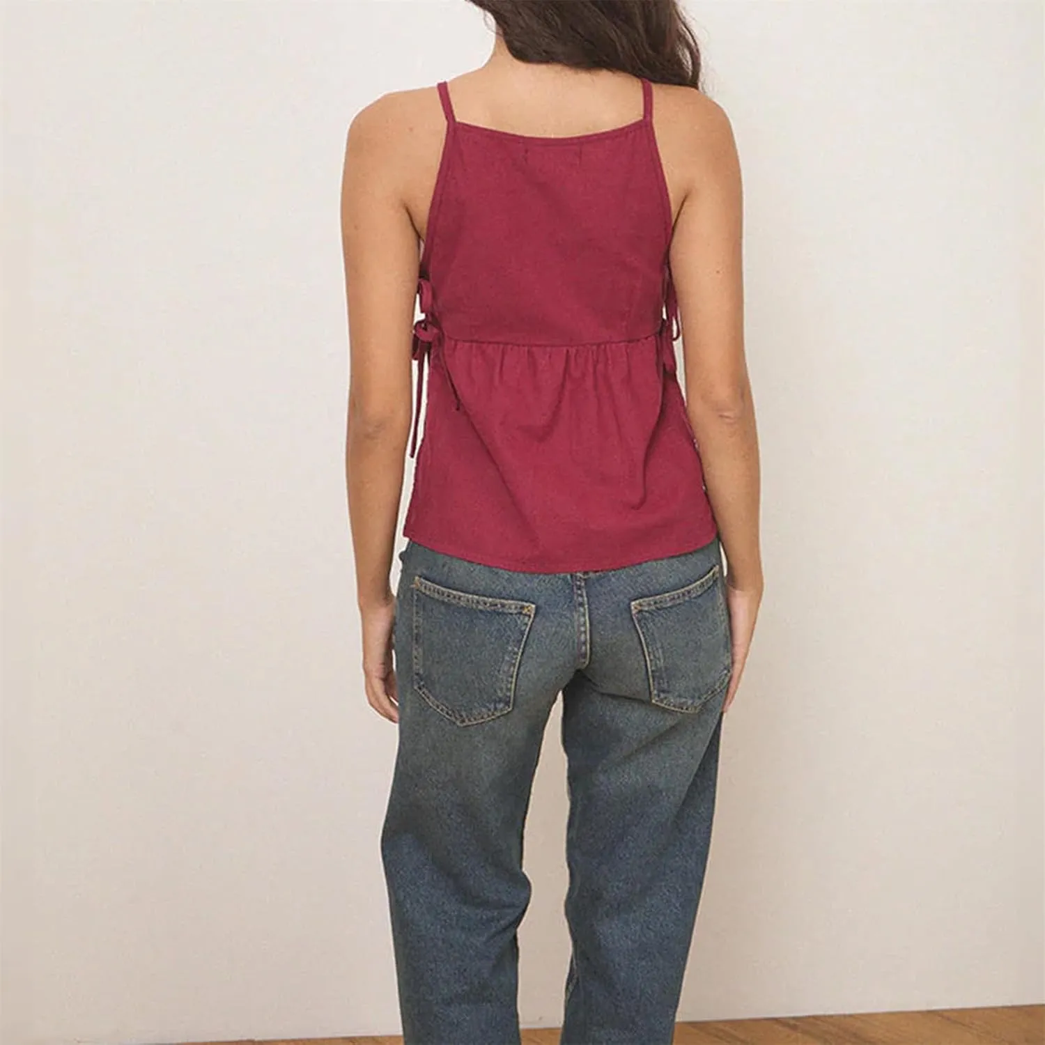 Women Side Tie Tank Top Y2K Vintage Gingham Sleeveless Split Peplum Vest Top Cute Coquette Summer Trendy Streetwear