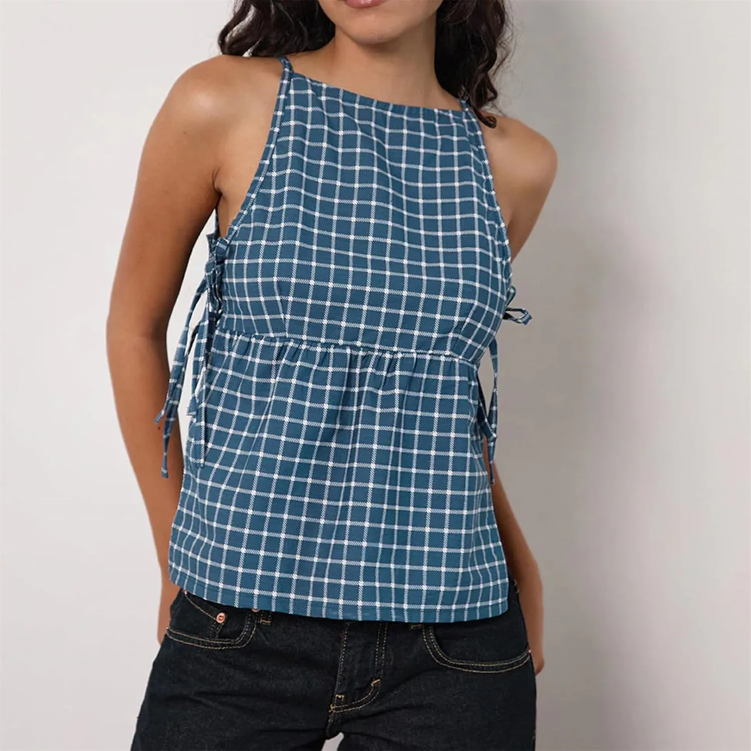 Women Side Tie Tank Top Y2K Vintage Gingham Sleeveless Split Peplum Vest Top Cute Coquette Summer Trendy Streetwear