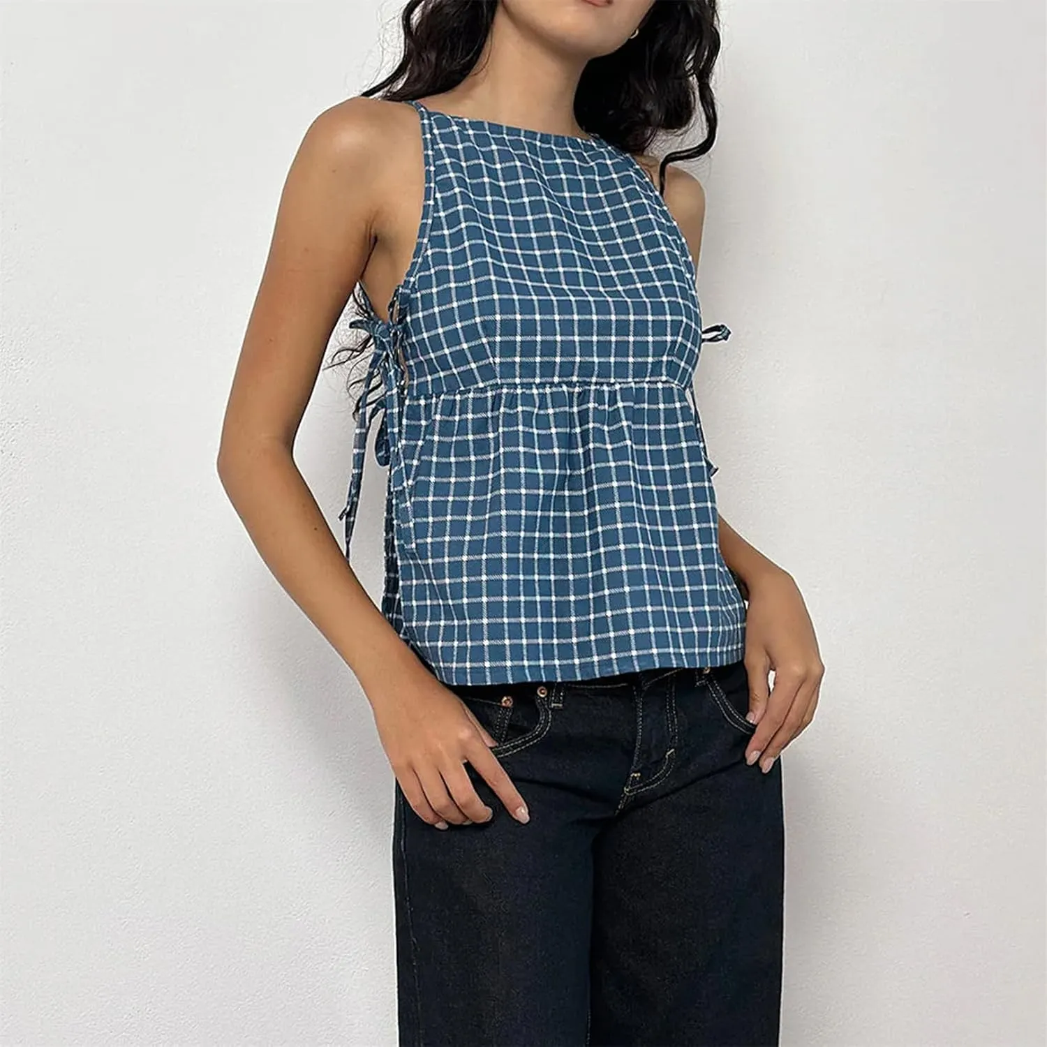 Women Side Tie Tank Top Y2K Vintage Gingham Sleeveless Split Peplum Vest Top Cute Coquette Summer Trendy Streetwear
