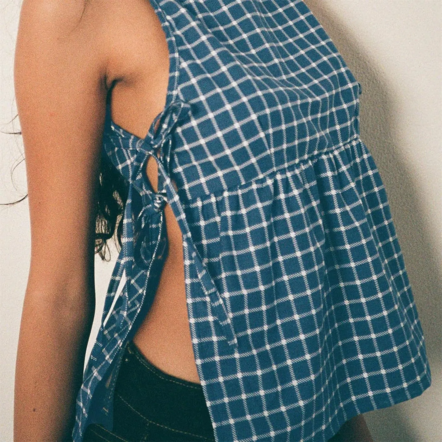 Women Side Tie Tank Top Y2K Vintage Gingham Sleeveless Split Peplum Vest Top Cute Coquette Summer Trendy Streetwear