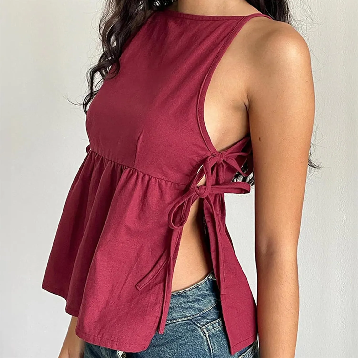 Women Side Tie Tank Top Y2K Vintage Gingham Sleeveless Split Peplum Vest Top Cute Coquette Summer Trendy Streetwear