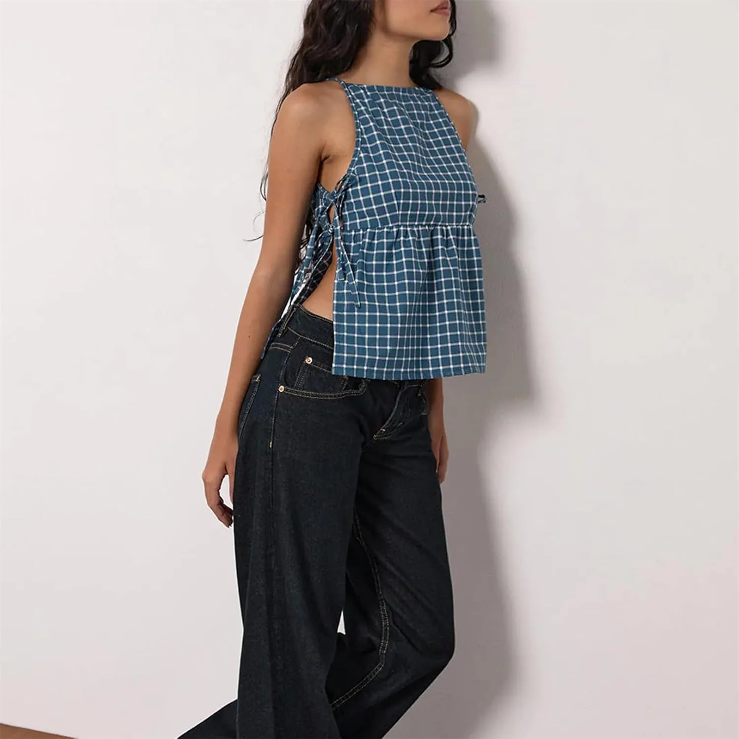 Women Side Tie Tank Top Y2K Vintage Gingham Sleeveless Split Peplum Vest Top Cute Coquette Summer Trendy Streetwear