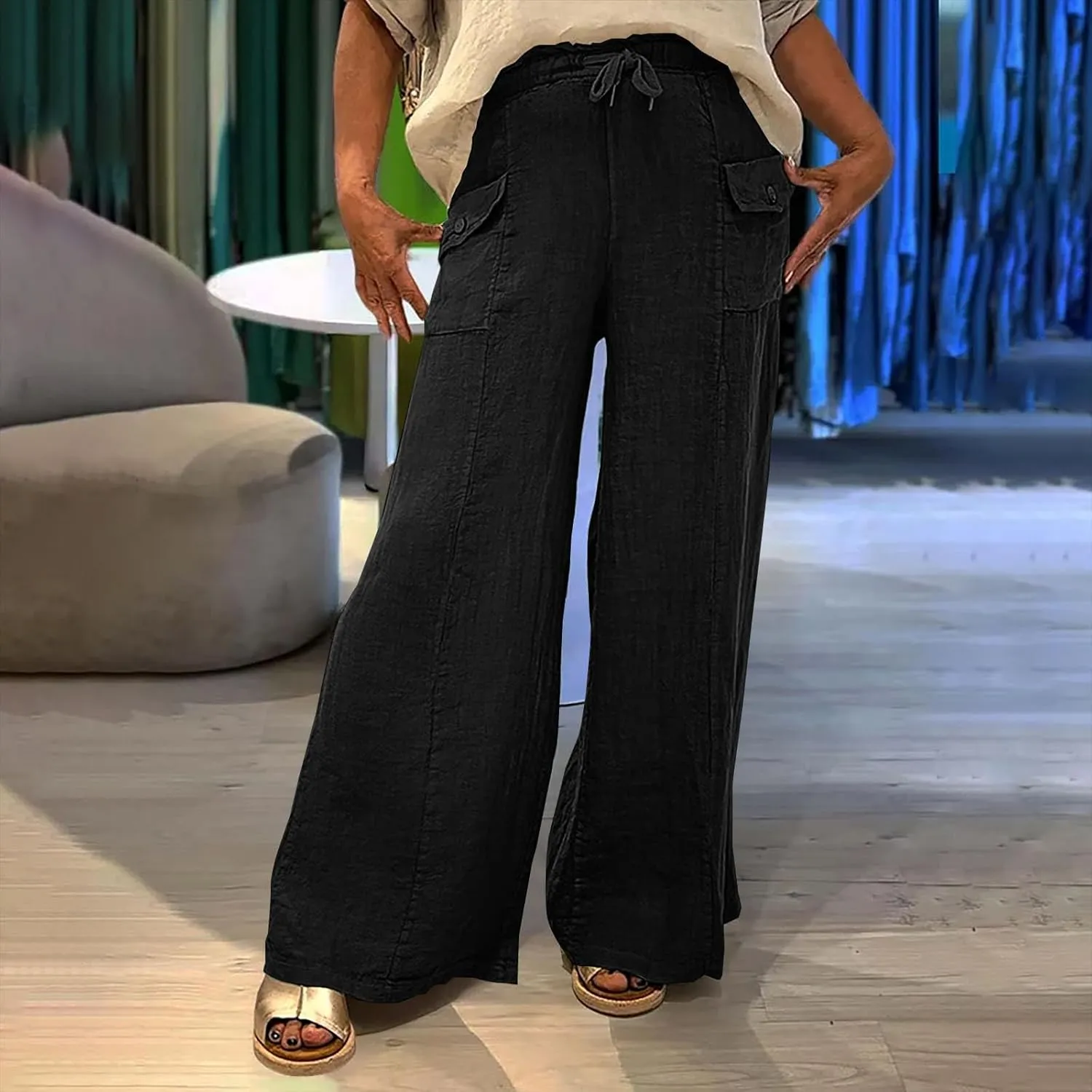 Women Summer Boho Cargo Pants Cotton Linen Baggy Wide Leg Beach Trousers Drawstring Waist Culottes with Pockets