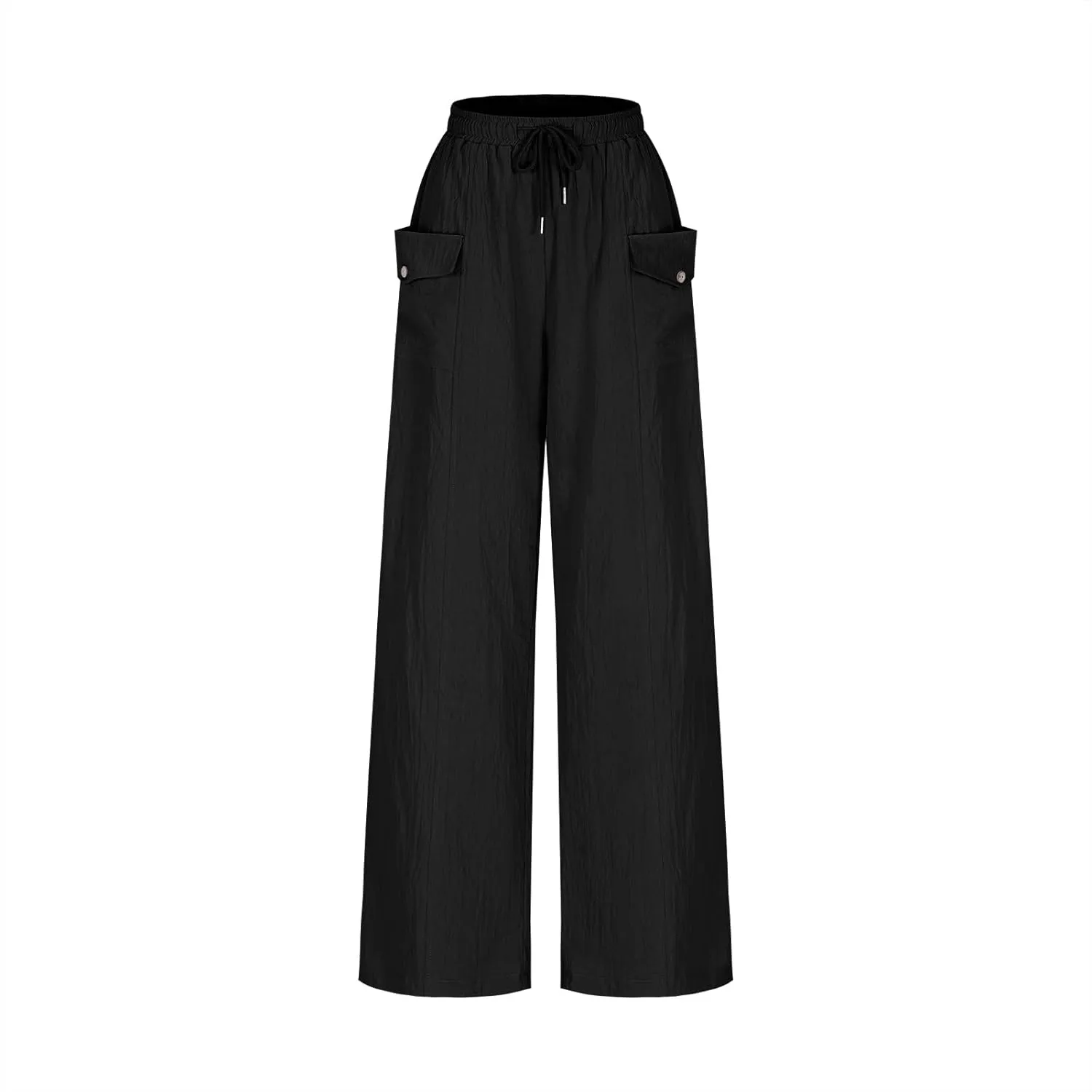 Women Summer Boho Cargo Pants Cotton Linen Baggy Wide Leg Beach Trousers Drawstring Waist Culottes with Pockets