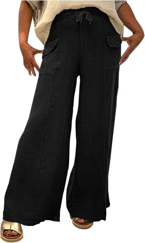 Women Summer Boho Cargo Pants Cotton Linen Baggy Wide Leg Beach Trousers Drawstring Waist Culottes with Pockets