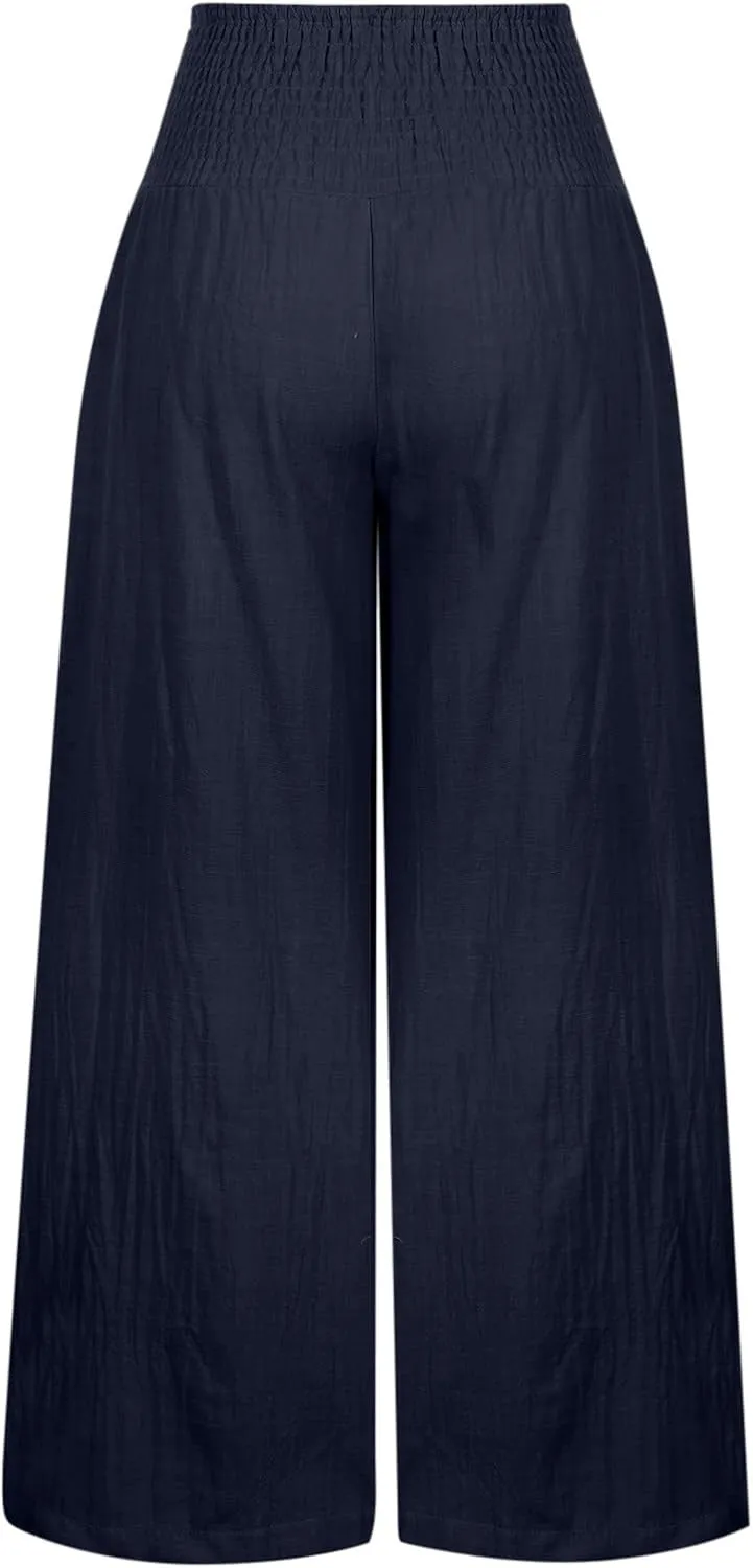 Women Summer Cotton Linen Palazzo Pants Elastic High Waisted Casual Wide Leg Trousers Beach Culottes with Pocket