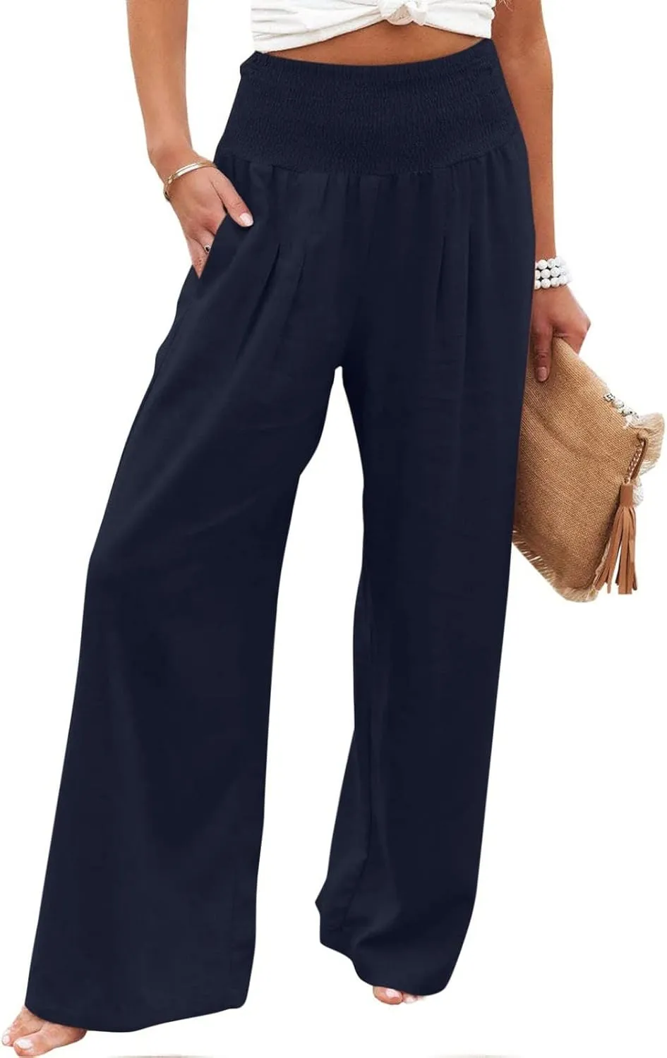 Women Summer Cotton Linen Palazzo Pants Elastic High Waisted Casual Wide Leg Trousers Beach Culottes with Pocket
