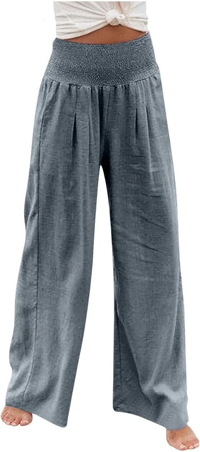Women Summer Cotton Linen Palazzo Pants Elastic High Waisted Casual Wide Leg Trousers Beach Culottes with Pocket