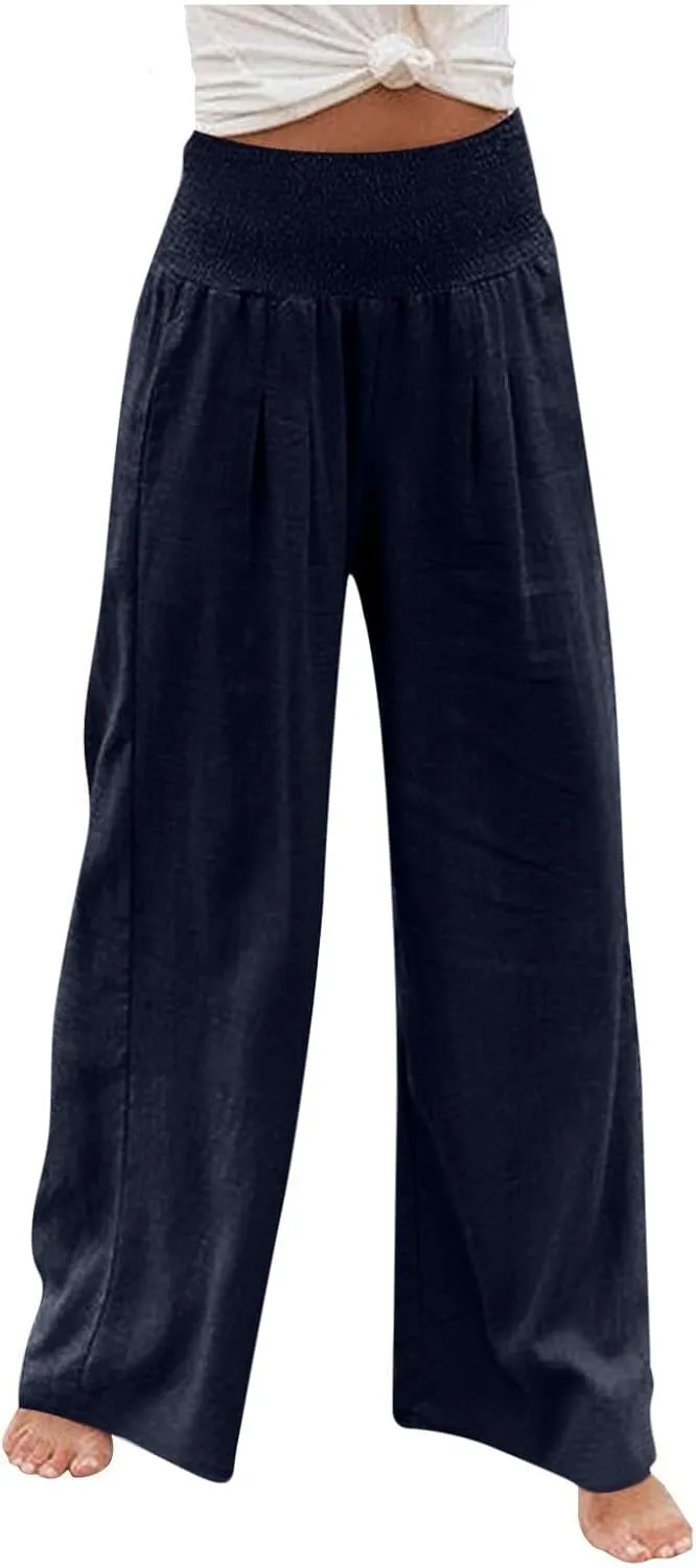 Women Summer Cotton Linen Palazzo Pants Elastic High Waisted Casual Wide Leg Trousers Beach Culottes with Pocket
