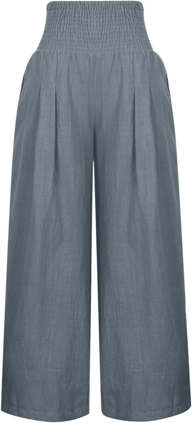 Women Summer Cotton Linen Palazzo Pants Elastic High Waisted Casual Wide Leg Trousers Beach Culottes with Pocket