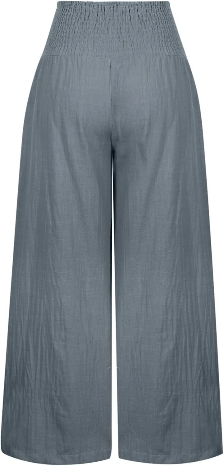 Women Summer Cotton Linen Palazzo Pants Elastic High Waisted Casual Wide Leg Trousers Beach Culottes with Pocket