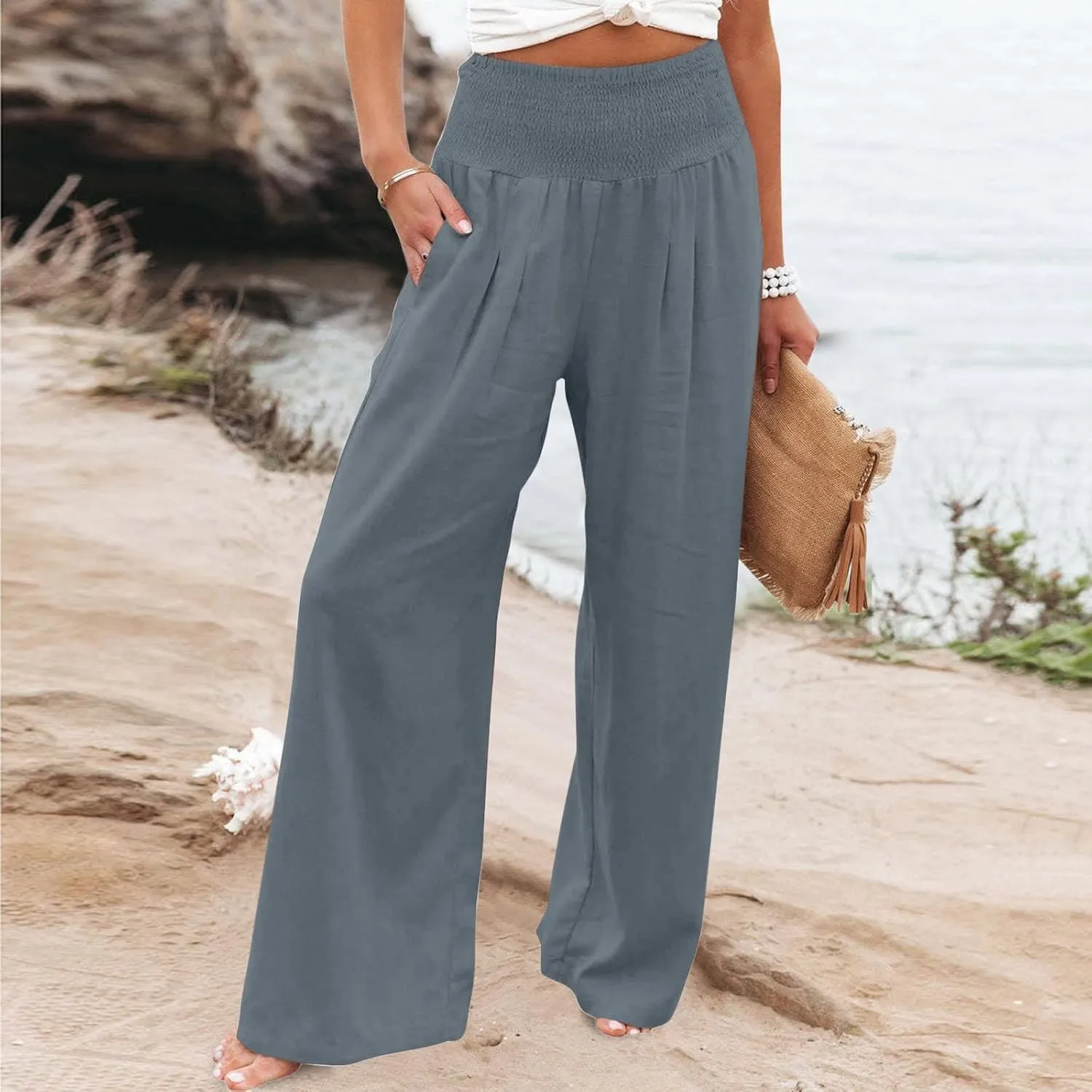 Women Summer Cotton Linen Palazzo Pants Elastic High Waisted Casual Wide Leg Trousers Beach Culottes with Pocket