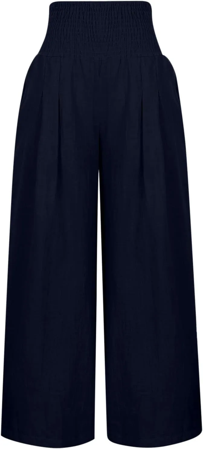 Women Summer Cotton Linen Palazzo Pants Elastic High Waisted Casual Wide Leg Trousers Beach Culottes with Pocket