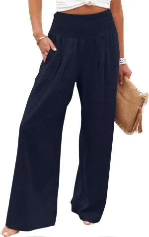 Women Summer Cotton Linen Palazzo Pants Elastic High Waisted Casual Wide Leg Trousers Beach Culottes with Pocket
