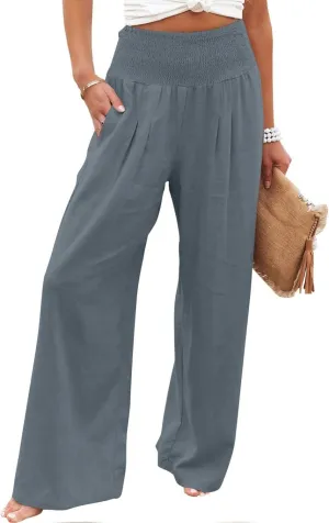 Women Summer Cotton Linen Palazzo Pants Elastic High Waisted Casual Wide Leg Trousers Beach Culottes with Pocket