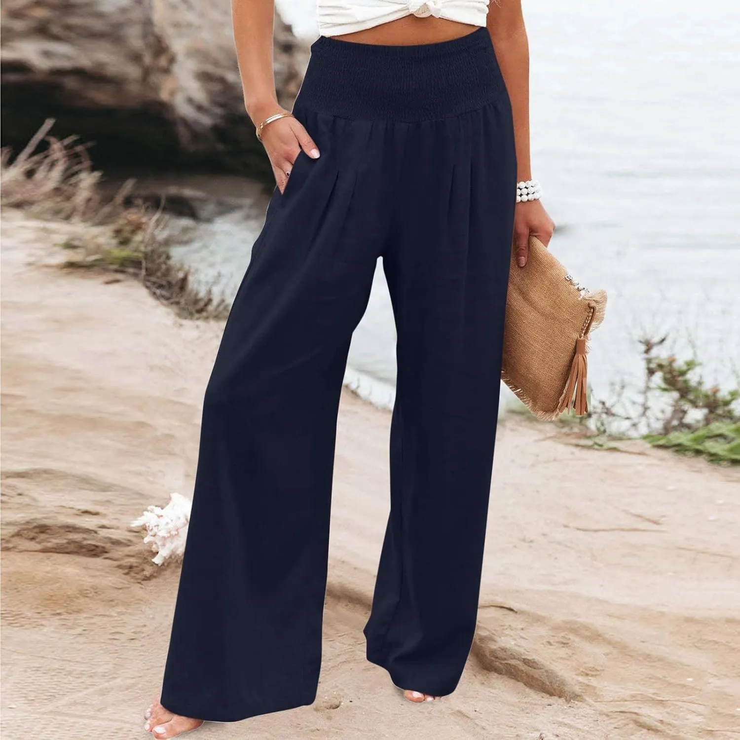 Women Summer Cotton Linen Palazzo Pants Elastic High Waisted Casual Wide Leg Trousers Beach Culottes with Pocket