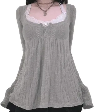 Women Vintage Solid Color Sweater Top Long Sleeve Button Front Knitted Top Retro Y2K Fairy Grunge Aesthetic Knitwear