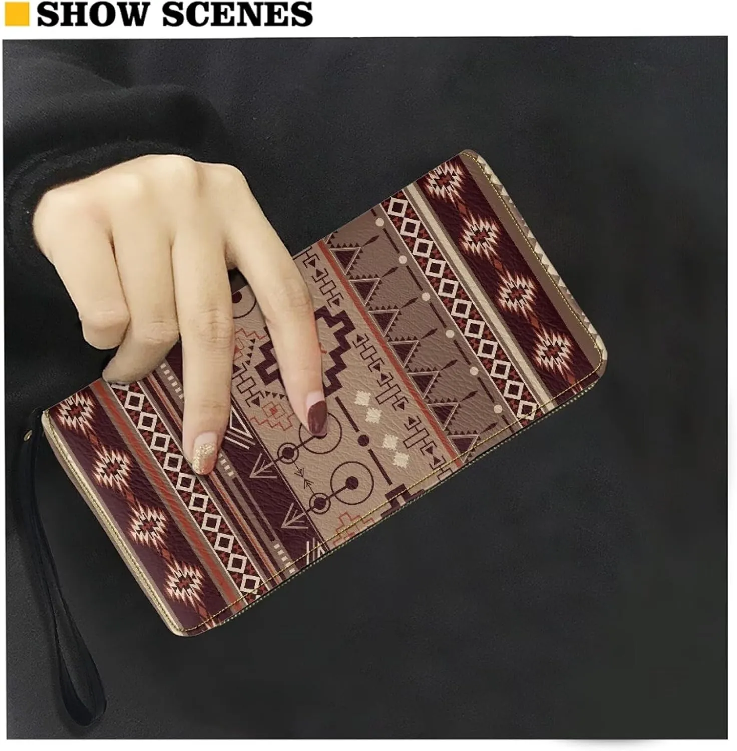Women Wallet Aztec Ethnic Geometric Native American Print Travel Leather Rfid Blocking Purse Zipper Card Holder Clutch Bag