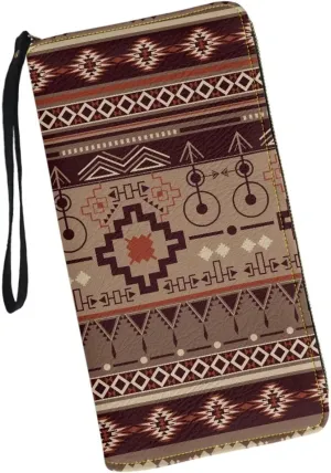 Women Wallet Aztec Ethnic Geometric Native American Print Travel Leather Rfid Blocking Purse Zipper Card Holder Clutch Bag