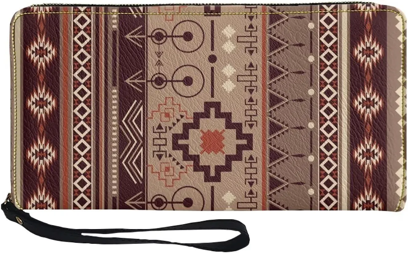 Women Wallet Aztec Ethnic Geometric Native American Print Travel Leather Rfid Blocking Purse Zipper Card Holder Clutch Bag