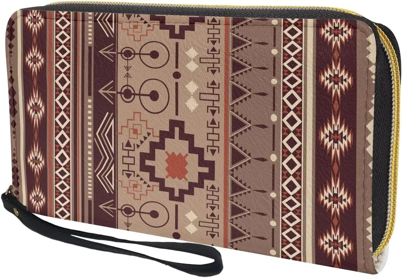 Women Wallet Aztec Ethnic Geometric Native American Print Travel Leather Rfid Blocking Purse Zipper Card Holder Clutch Bag