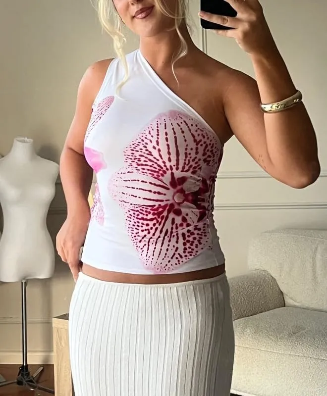 Women Y2k Floral Tank Top One Shoulder Graphic Top Backless Sleeveless Slim Fit Going Out Camisole Cute Streetwear
