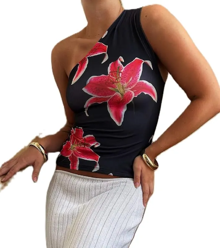 Women Y2k Floral Tank Top One Shoulder Graphic Top Backless Sleeveless Slim Fit Going Out Camisole Cute Streetwear