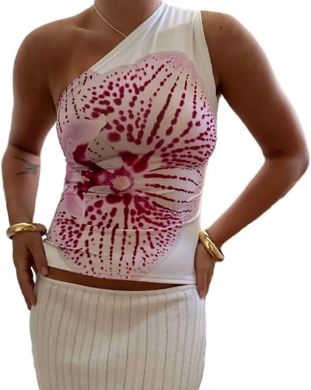 Women Y2k Floral Tank Top One Shoulder Graphic Top Backless Sleeveless Slim Fit Going Out Camisole Cute Streetwear
