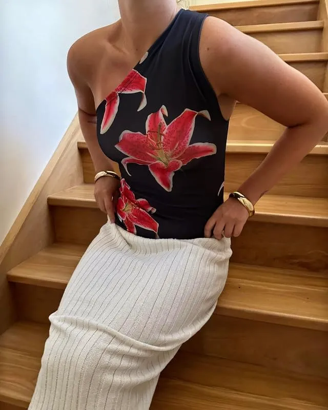 Women Y2k Floral Tank Top One Shoulder Graphic Top Backless Sleeveless Slim Fit Going Out Camisole Cute Streetwear