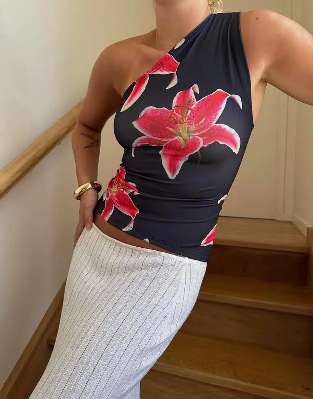 Women Y2k Floral Tank Top One Shoulder Graphic Top Backless Sleeveless Slim Fit Going Out Camisole Cute Streetwear