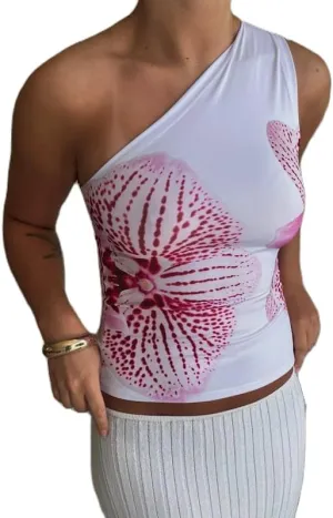 Women Y2k Floral Tank Top One Shoulder Graphic Top Backless Sleeveless Slim Fit Going Out Camisole Cute Streetwear